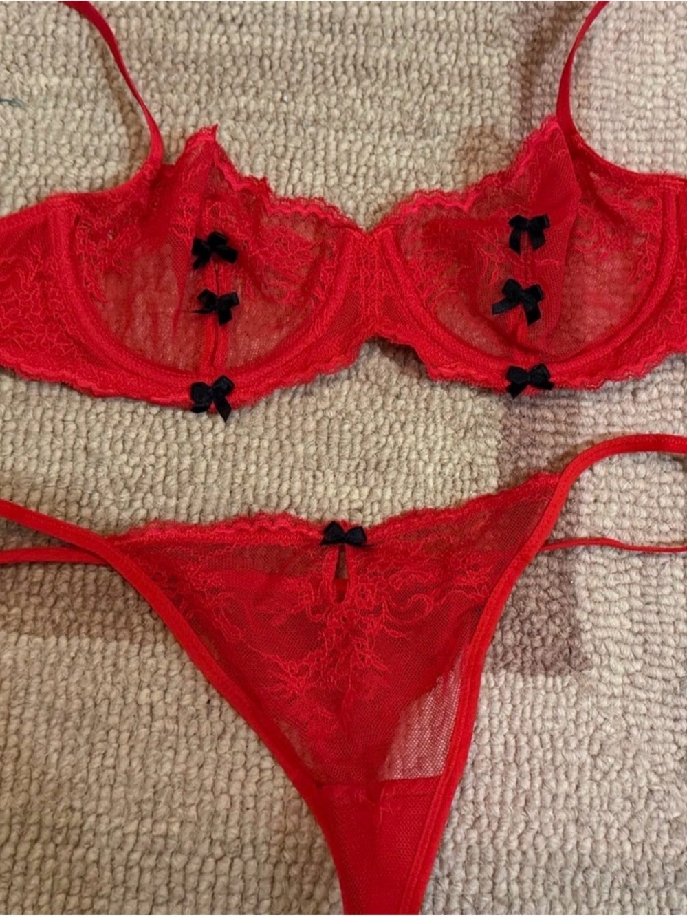 Adore Me Red Lace Underwire Bra & Thong Set with Black Bow Accents 34A  Small